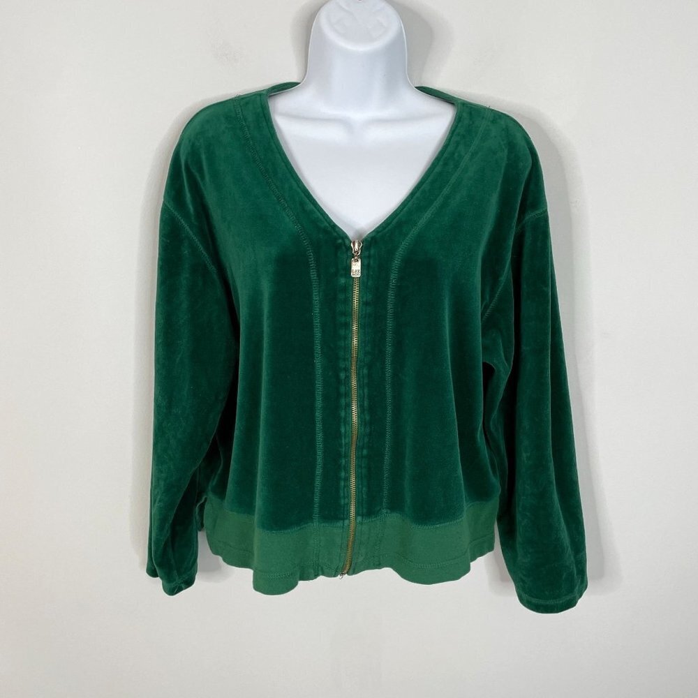 Vintage Y2K Womens VELOUR Jacket Sz LP Dark Green FULL ZIP Long Sleeve Holiday - Picture 1 of 12